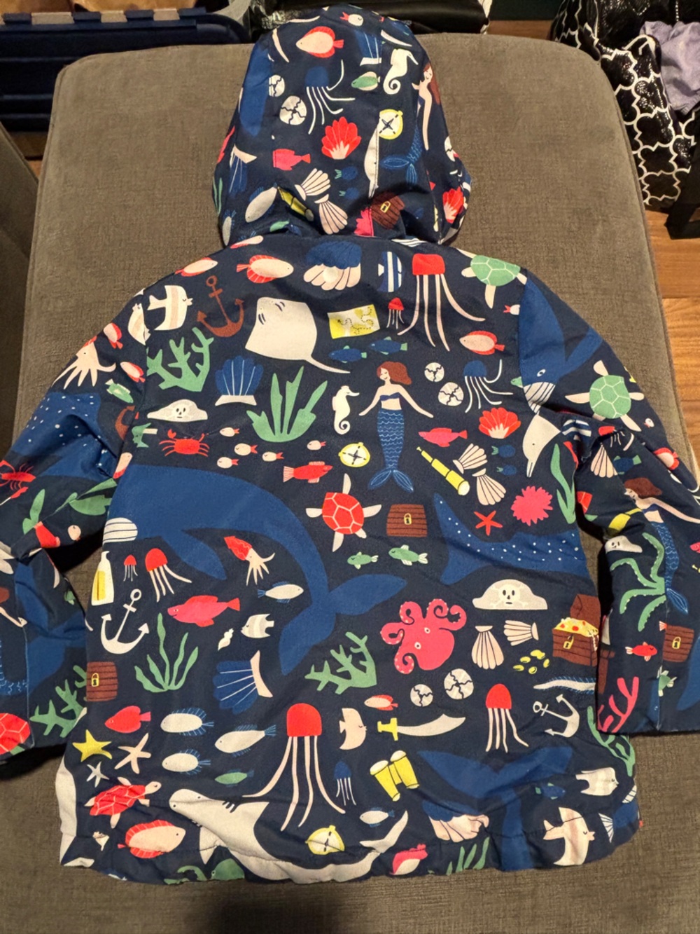 Mini Boden Navy Blue Sea Creature Print Hooded Lined Rain Jacket - Picture 4 of 4